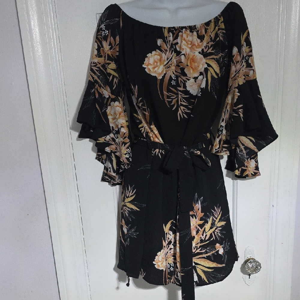 Floral Black Dress with Belt